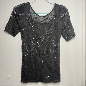 White House Black Market Black Sequin Geometric Top